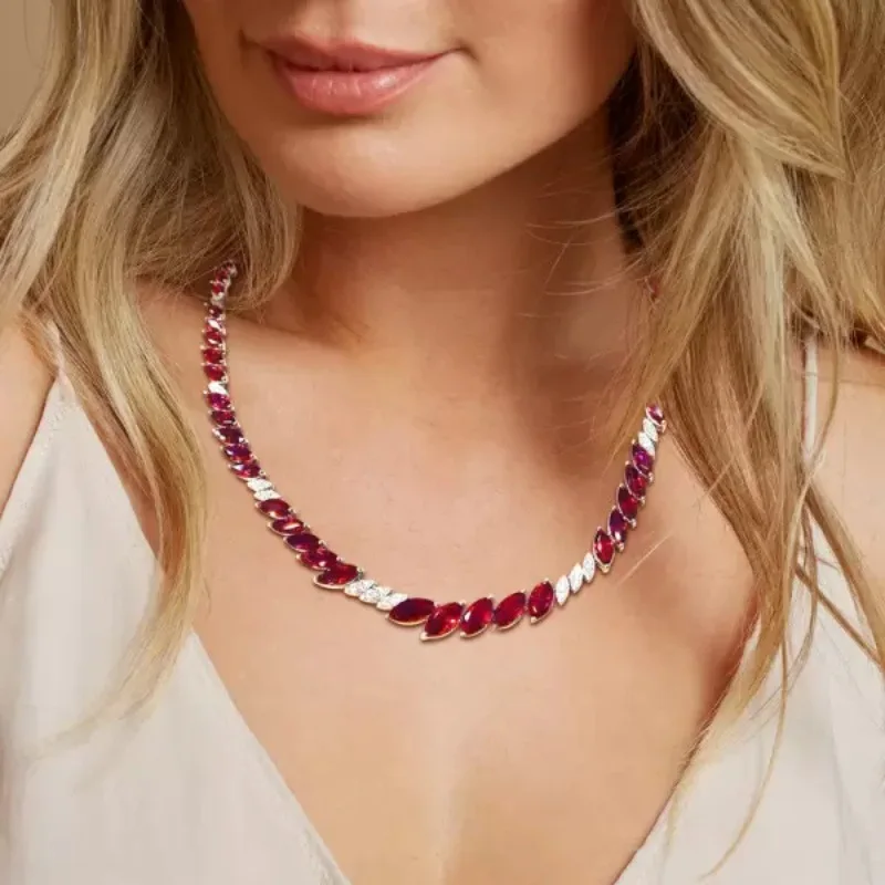 Light‑Luxury Marquise‑Cut Color Zircon Tennis Necklace, Interval White Diamond Full‑Paved Clavicle Chain, Versatile Dinner Party
