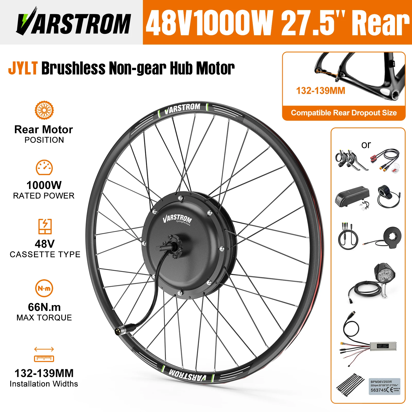 [EU Direct] Varstrom 48V1000W naafmotorset 26" 27,5" 29" 700C wielmaat Ebike-conversiekit Borstelloze tandwielloze ebike-motor