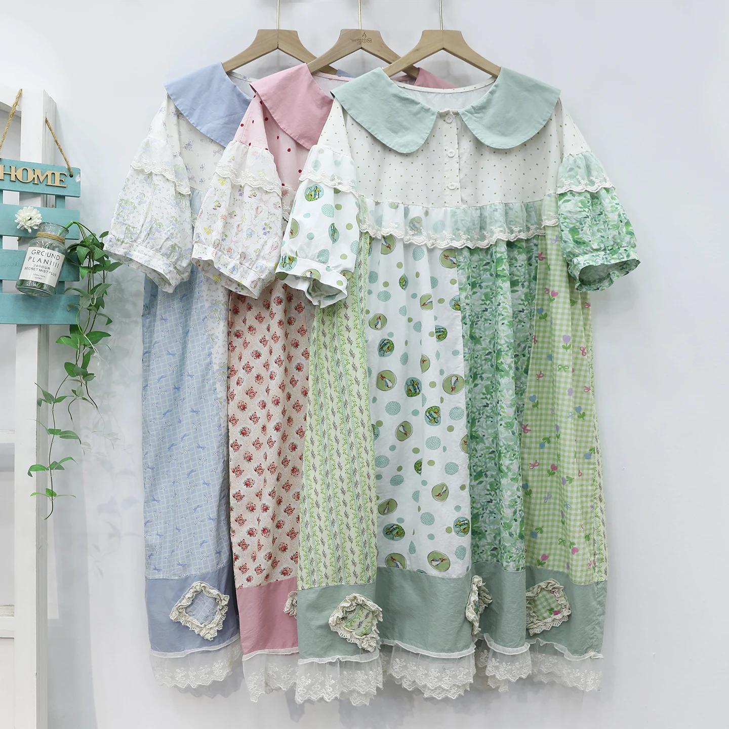 

Japanese Sweet Mori Girl Lace Floral Dot Print Patchwork Dress Women Summer Cute Peter Pan Collar Short Sleeve Casual Midi Dress