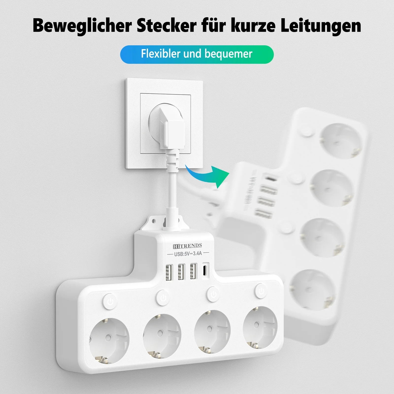 Eu plug multi-contact socket 3/4/5AC+USB-C and Type-C fast charging ports home power socket with switching surge protector image 5