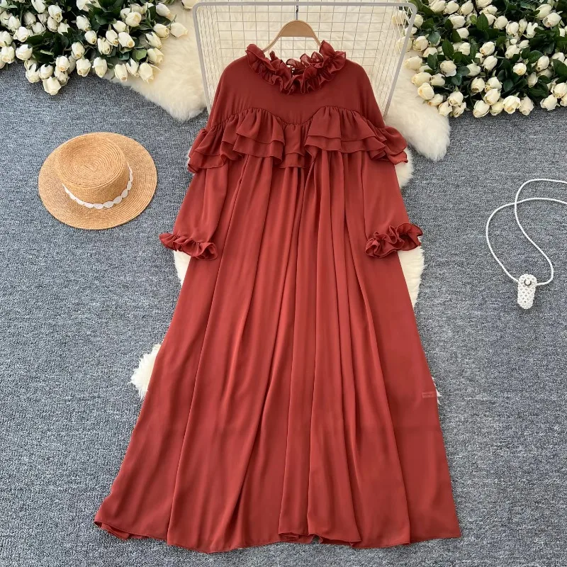 Chic Stringy Selvedge Long Sleeve O Neck Pleated Loose Dress Chiffon A-line Casual Dresses Korean Fashion Women Elegant Vestidos