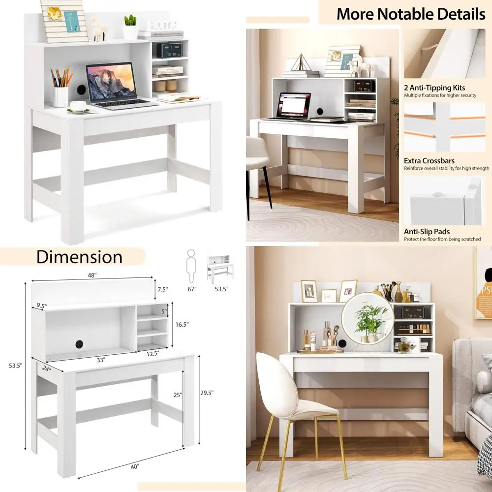 

Белый стол с ящиком, стол для домашнего офиса с книжной полкой, компьютерная рабочая станция, стол для ноутбука с защитой от опрокидывания и кабелем