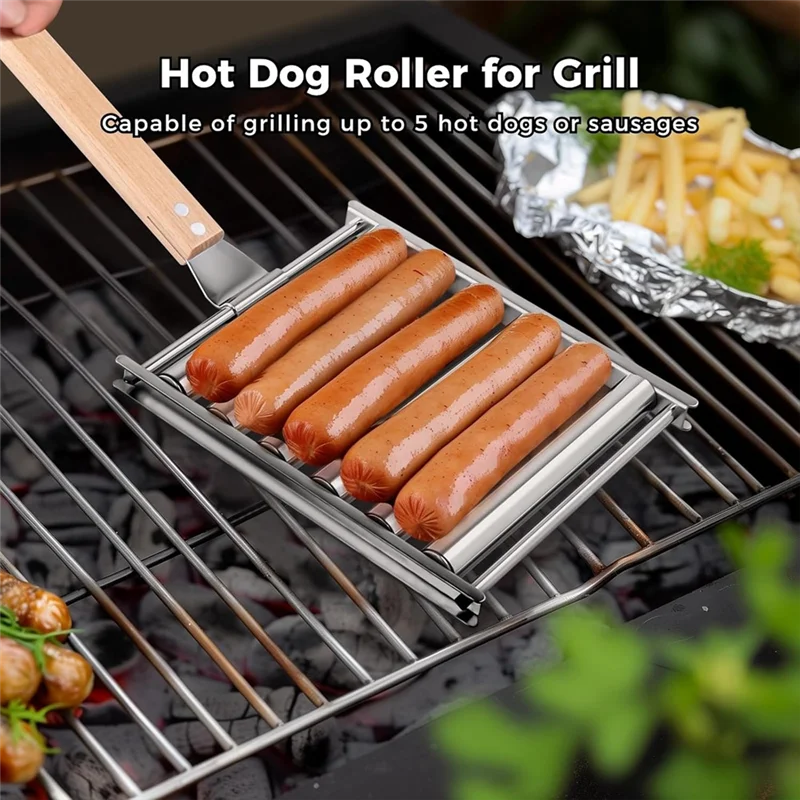 GOOD-2Pcs هوت دوج الأسطوانة للشواية السجق الأسطوانة الرف مع مقبض الخشب شواء هوت دوج شواء للكلاب الساخنة المطبوخة بالتساوي