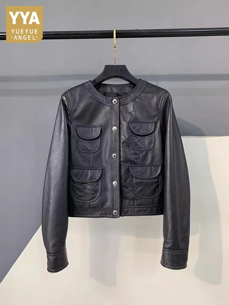 Autumn New Genuine Leather Women Short Jacket Round Neck Long Sleeve Jackets Top Straight Fashion Coat Single Breasted Outerwear