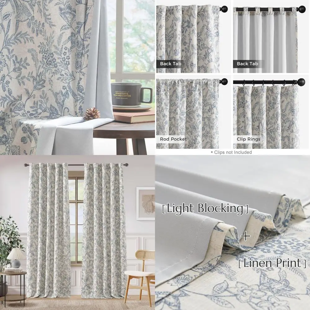 

Farmhouse Style Linen Curtains with Blue Floral Pattern, 96" Length, Back Tab Design for Living Room and Bedroom