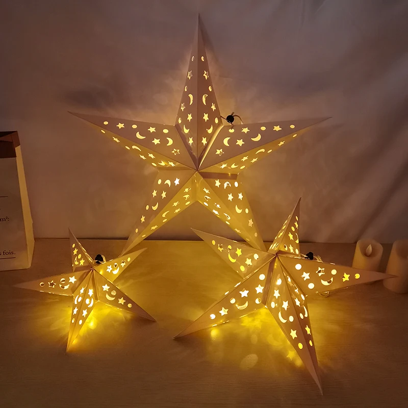 30/45/60cm Hollow Out Star Hanging Pendant Led Light Window Grille Paper Lantern Wedding Party Christmas Stars Lampshade Decor