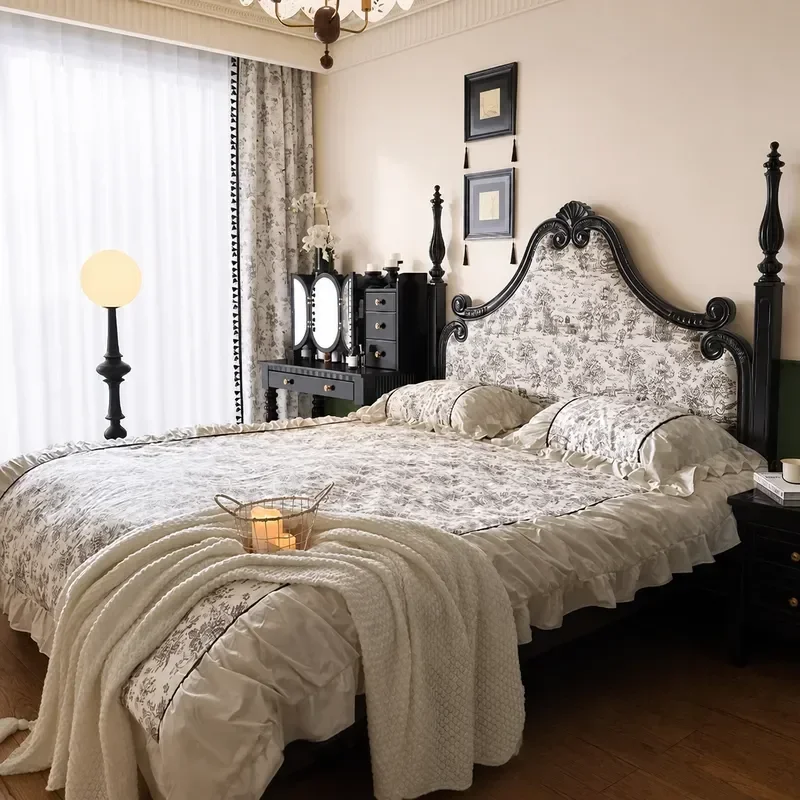French Retro Black Bed 1.5m 1.8m Double Master Bedroom Modern Simple Printed Upholstered Soft Bed Frame American Style