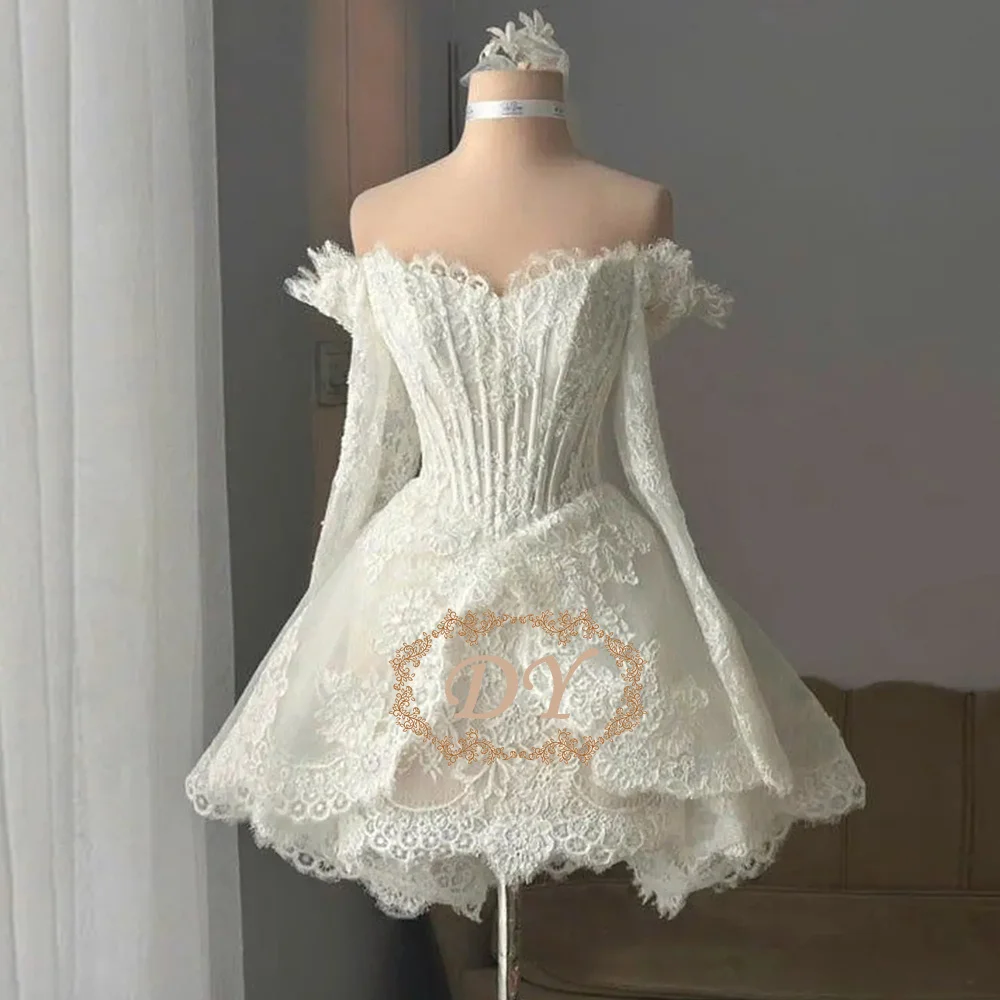 

DY Sexy Off the Shoulder Ivory Short Wedding Dresses Long Sleeves Lace Mini Bridal Gowns Customized Robe De Mariage
