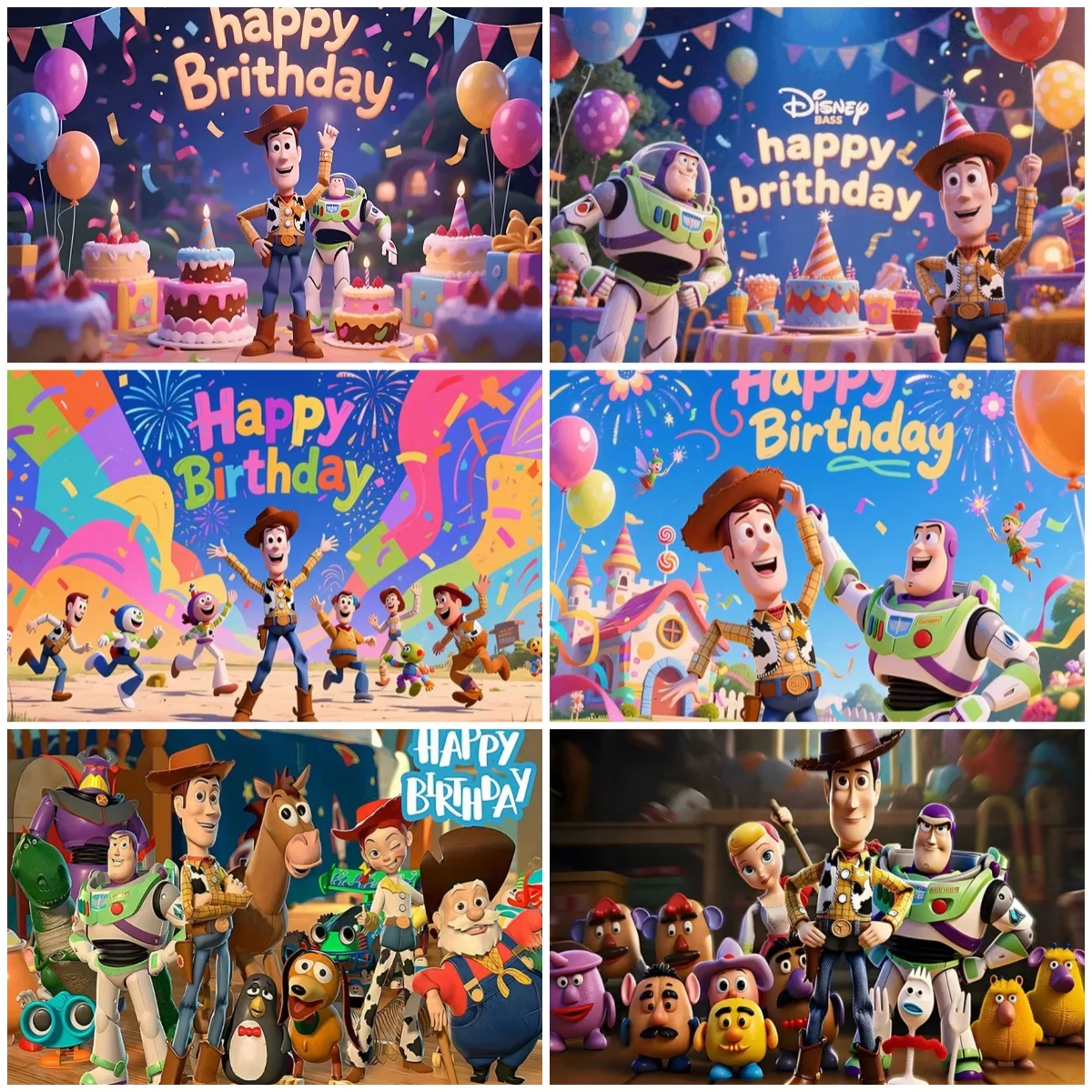 

Disney Toy Story Cartoon Happy Birthday Party Decoration Background Buzz Lightyear Woody Backdrop Baby Shower Photography Props