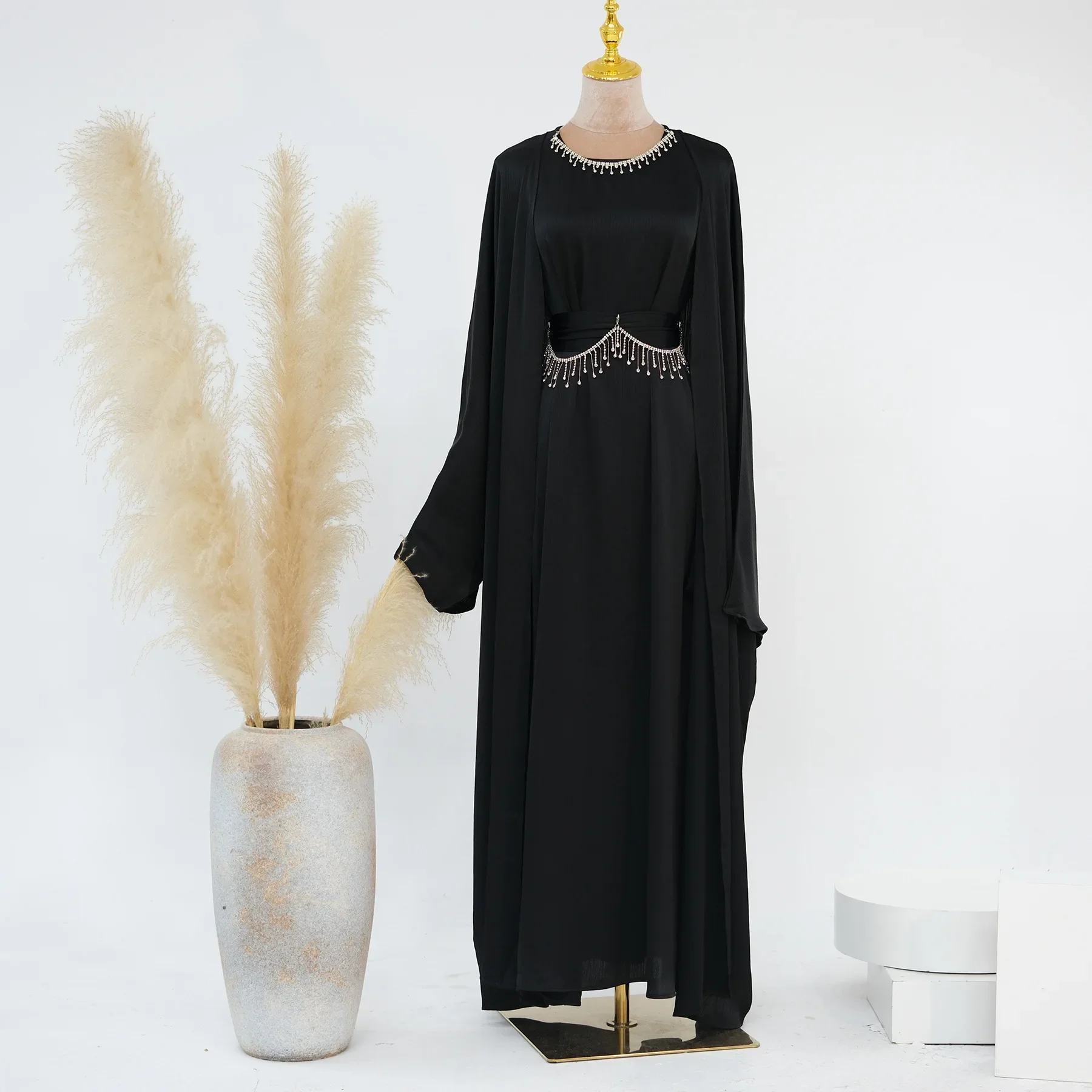 New fashion Muslim women sleeveless dress plus Muslim cardigan two-piece Arab Turkey Dubai dress elegant temperament clothing