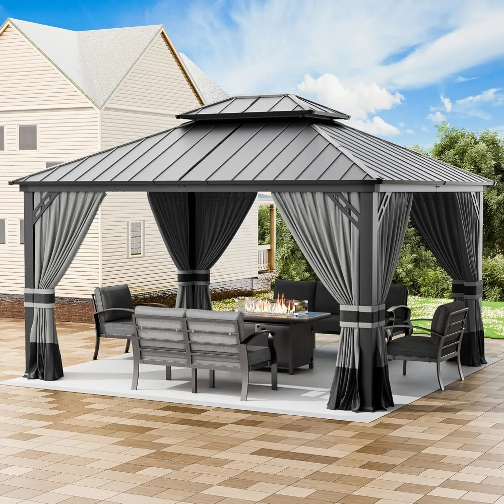 

12' x 14' Hardtop Gazebo,Outdoor Aluminum Frame Permanent Pavilion Double Galvanized Steel Roof Pergola , Customized