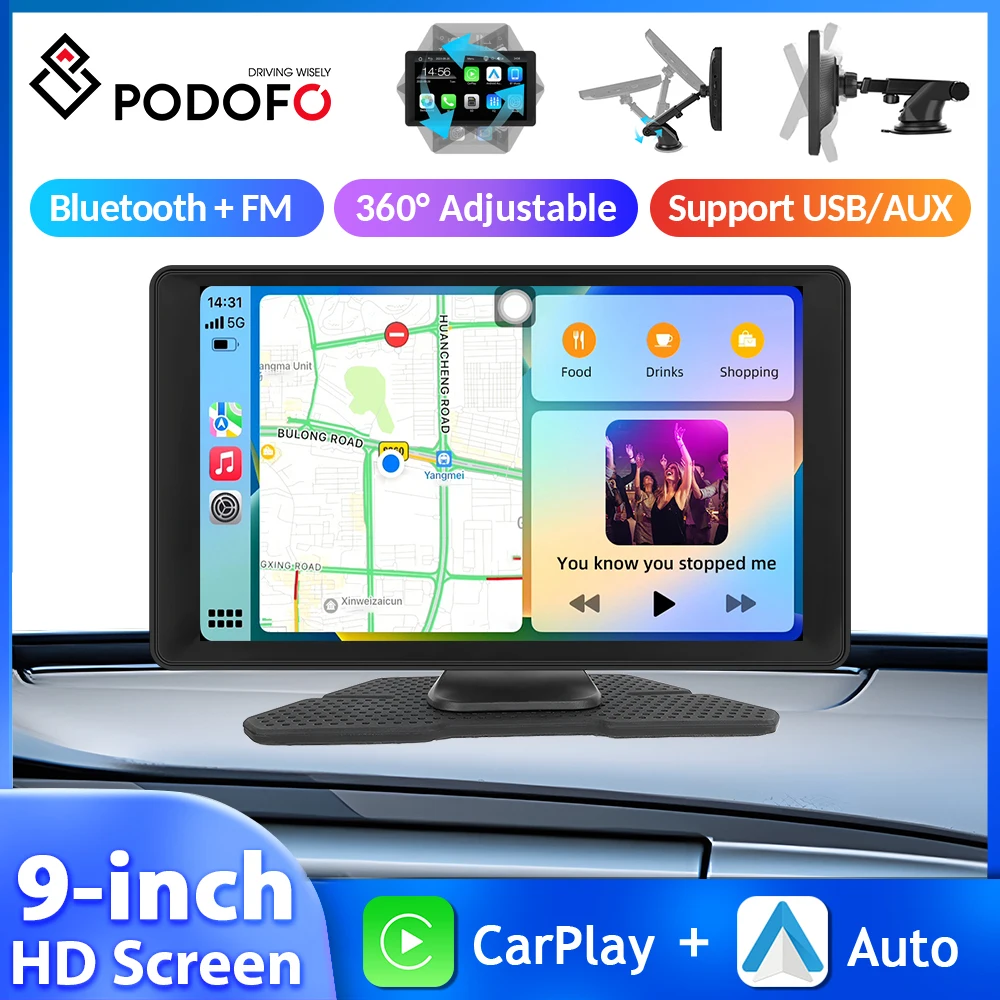 

Podofo 9'' Touch Screen Car Monitor Carplay Android Auto Dashboard Dash Cam Smart Car System BT FM EQ Mode Smart Screen Player