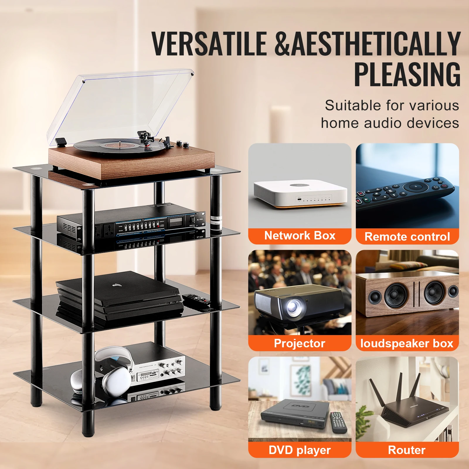 VEVOR Scaffale Portaoggetti Multimediale per Dischi Vinile Giradischi Vinile, Supporto Multimediale Audio-video 4 Ripiani in Vetro Temperato per Attrezzatura di Videogiochi, Mobiletto Portaoggetti