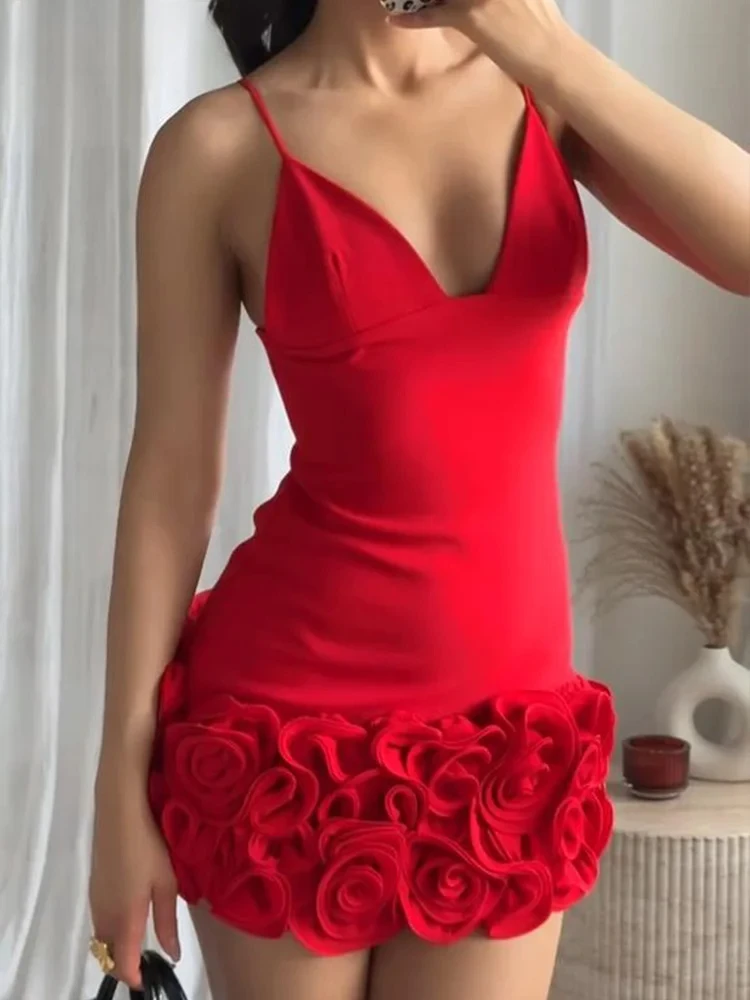 Mini Robe Sexy à fleurs 3D pour femmes, bretelles rouges, sans manches, col en v, dos nu, robes de soirée, mode d'été, Slim