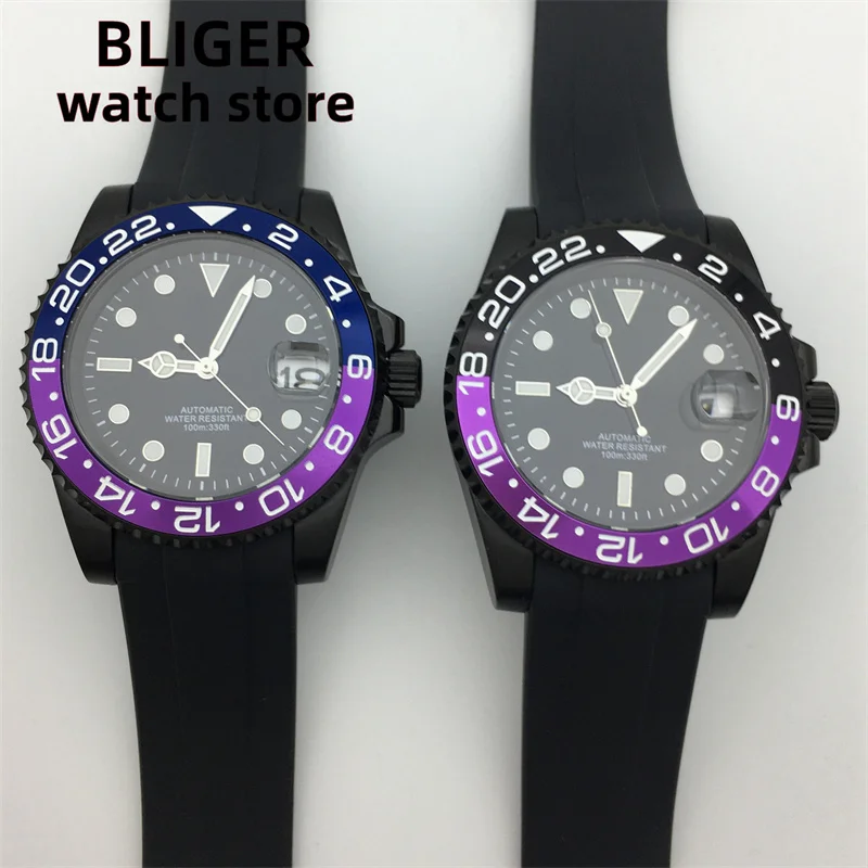 BLIGER NH35 PT5000 MIYOTA Black Purple/Blue Purple Insert Automatic Men\'s Watch 40mm Black case Rubber bracelet Date Sapphire