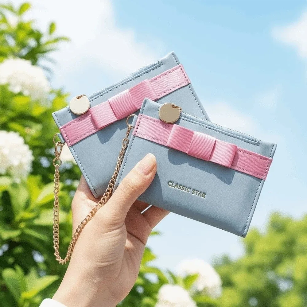Portable Candy Color Wallet Bow Small Pouch Multiple Card Short Leather Purse Anti-splash Water PVC Folding Card Bag Women
