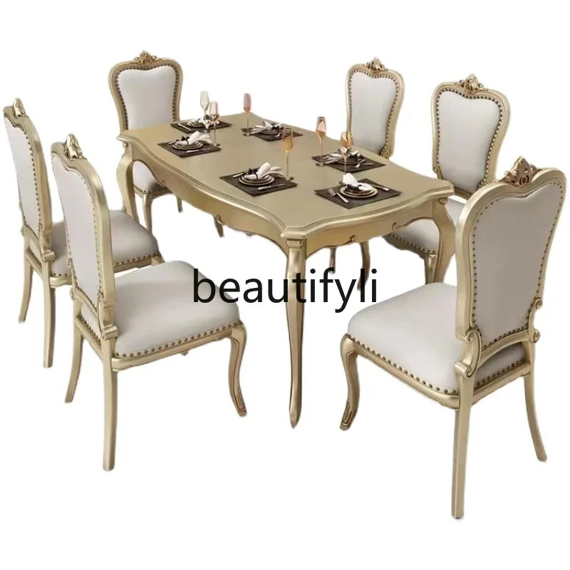 

American solid wood rectangular dining table simple champagne gold dining table dining chair combination customization