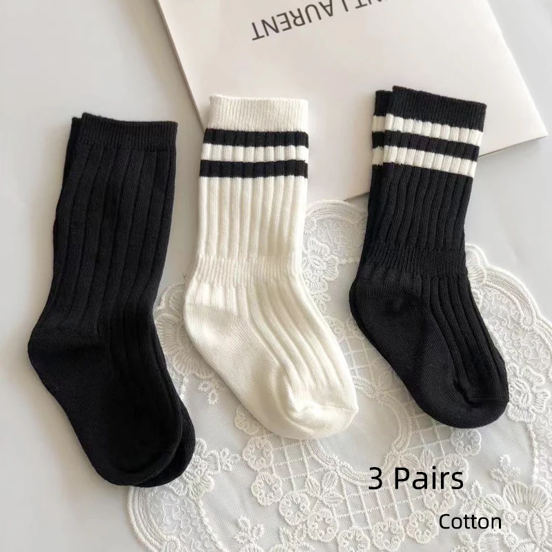 3 Pairs/lot Children\'s Long Tube Student Cotton Socks Spring Autumn Girls and Boys Black and White Sports School Uniform Socks