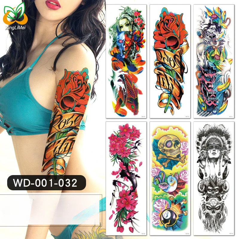 2024 Full Arm Temporary Tattoos Sleeve for Men Women Realistic Fake Tatoos Warrior Dragon Flower Tatoo Sticker Black Totem