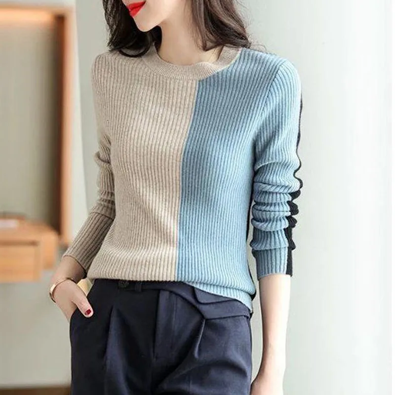 New Autumn and Winter Fashion High Grade Round Neck Color Matching Slim Fit Versatile Foreigner Long Sleeve Knitted Sweater