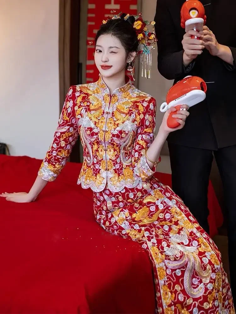 

Yourqipao Китайское традиционное свадебное платье Xiuhe Женские комплекты Xiuhe Bradal Платье Дракона и Феникса