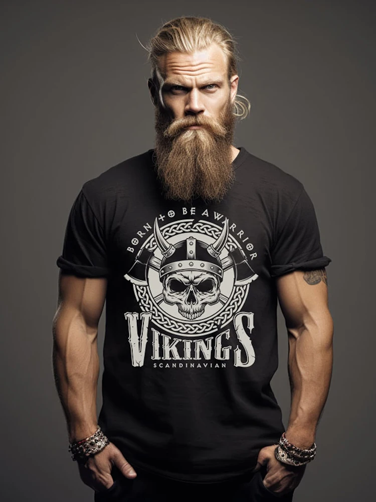 Summer Everyday Casual Men\'s T-shirt Fashionable Street Men\'s T-shirt Outdoor Sports Comfort Men\'s Short Sleeve Top Viking Print