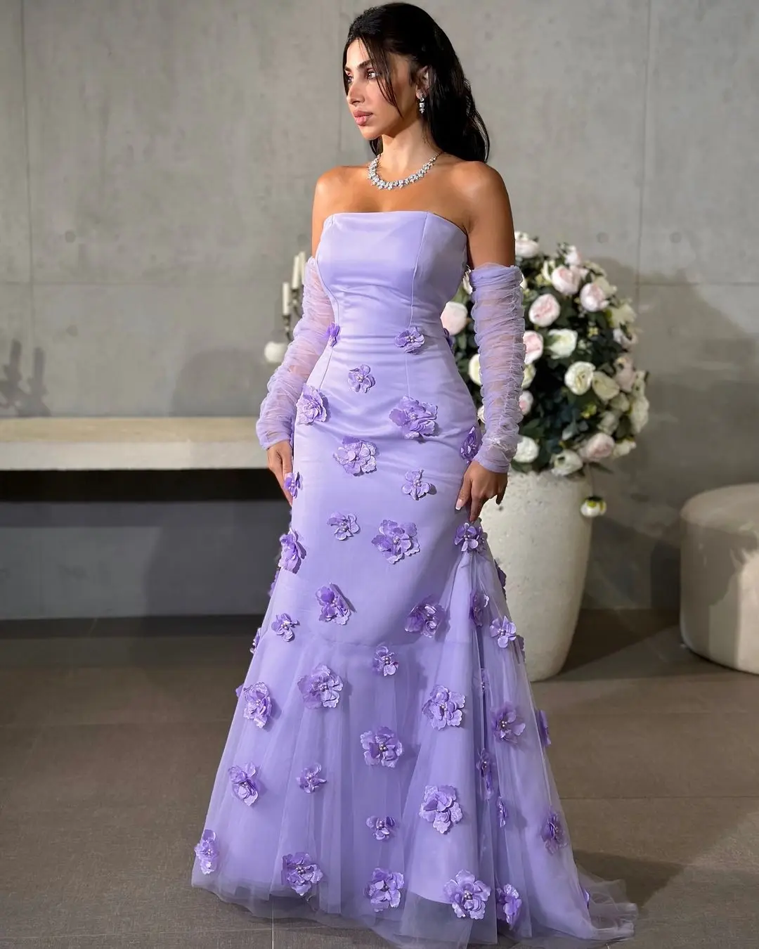 SWEMILE فساتين للمناسبات الخاصة Mermaid Strapless Floor-Length Tulle Zipper Up Short Sleeves Dresses For Special Events