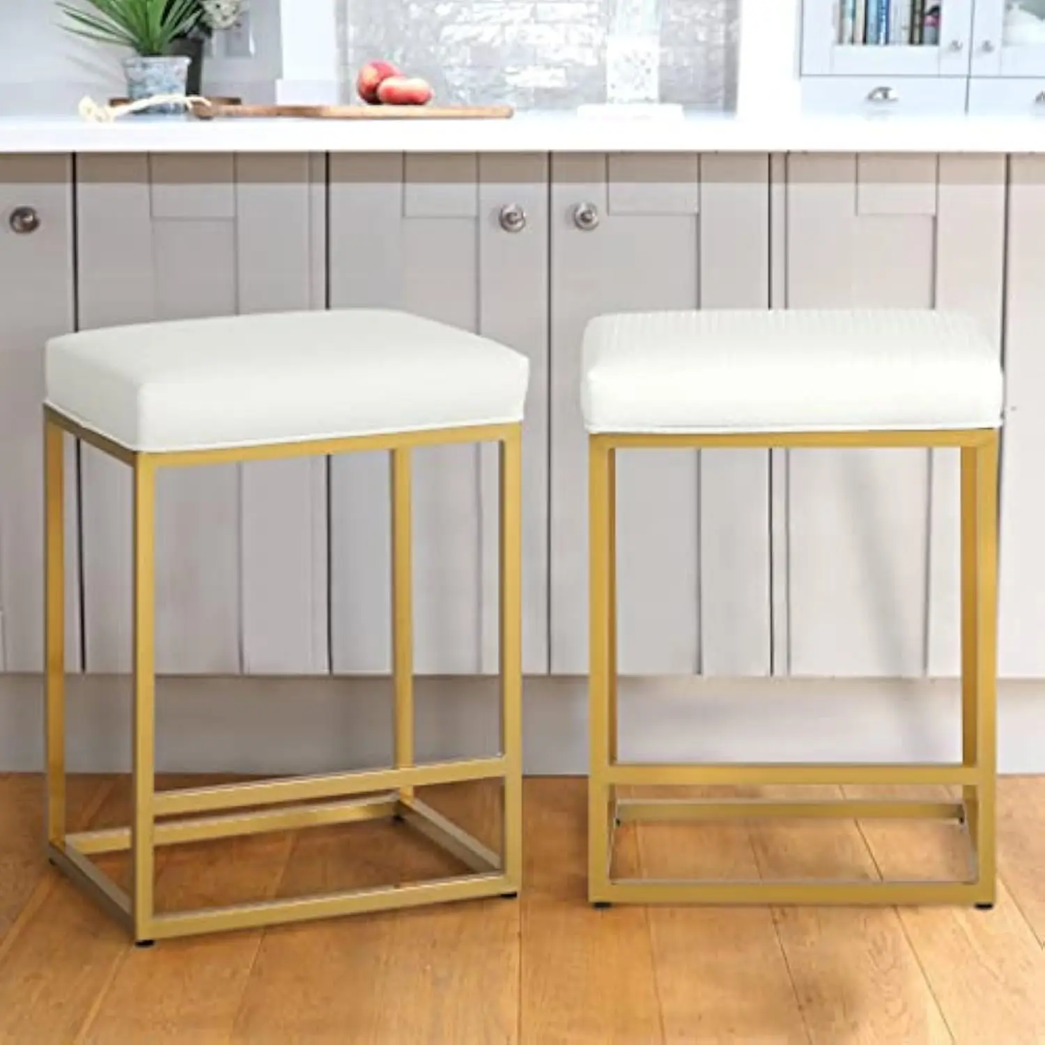 

White Gold Counter Height Stools Set of 2 Bar Stools for Kitchen Counter 24 Inch Backless Modern Chic Barstools Upholstered Fau
