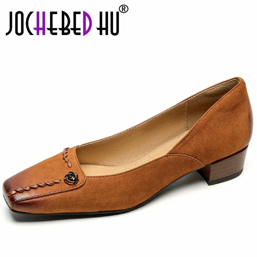 

【JOCHEBED HU】Женская обувь ручной работы из натуральной кожи Camellia Mid Hells в стиле ретро, стелька из овчины, мягкая и удобная