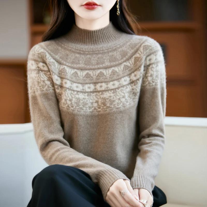 Mock Neck Jacquard Sweater Women's 100% Merino Wool Long-Sleeved Pullover Thickened Knitted Tops Autumn/Winter Women's Clothes