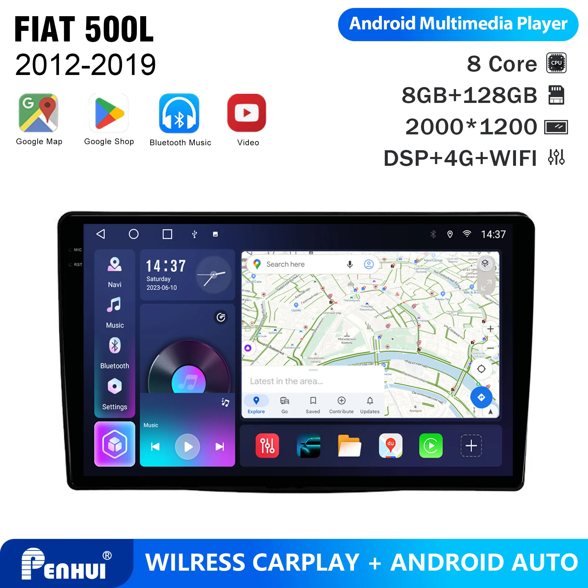 Penhui For FIAT 500L 2012-2019 Android Car DVD Player 2Din 9'' Touchscreen DSP Bluetooth Video Radio Multimedia System