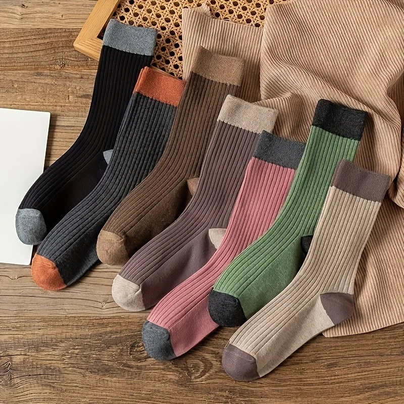 6 Pairs of Women'S Mid-Calf Striped Color-Blocking Socks, Fashion Additions for Spring, Autumn & Winter