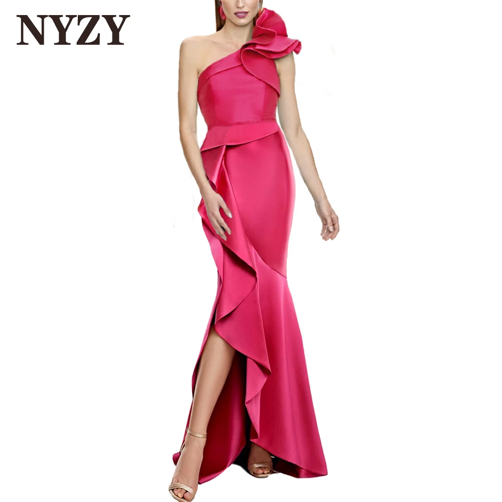 

NYZY E419 Satin One-Shoulder High Slit Ruffles Mermaid Prom Dresses Long 2024 Fuchsia Party Formal Evening Gowns