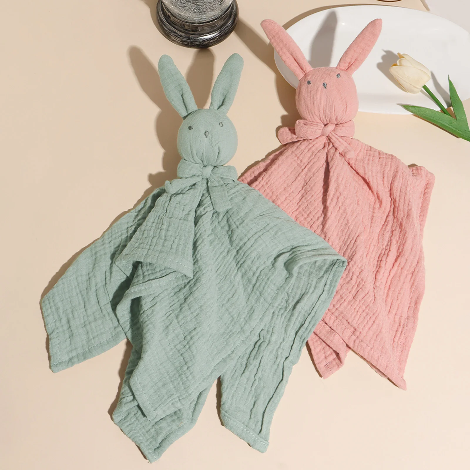 New100%Pure Cotton Gauze Baby Rabbit Soothing Towel  Double Layered Crepe Fabric Baby Sleeping Doll Newborn Blanket Handkerchief