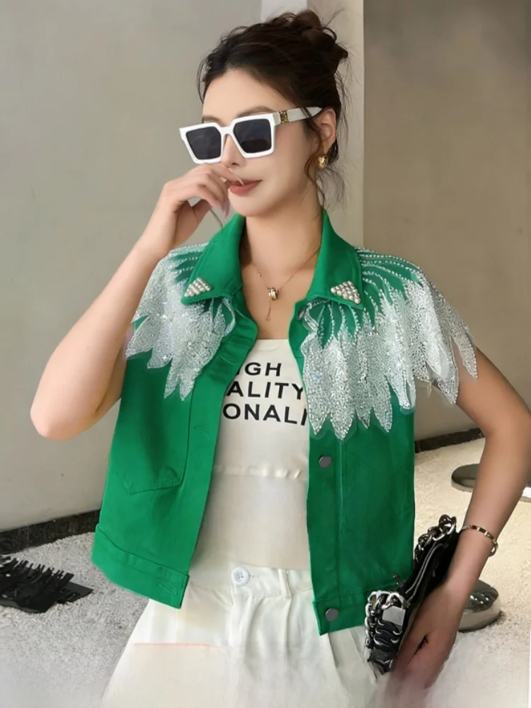 

Women's Short Denim Jacket Heavy Embellishment Tassel Chain Sequin Trendy Commute Style Standard Fit Breathable Casual Wear