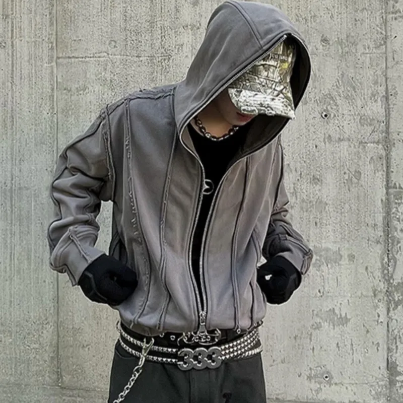 

Distressed Hooded Loose Sweater Jacket Men's Dark Waste Soil Style