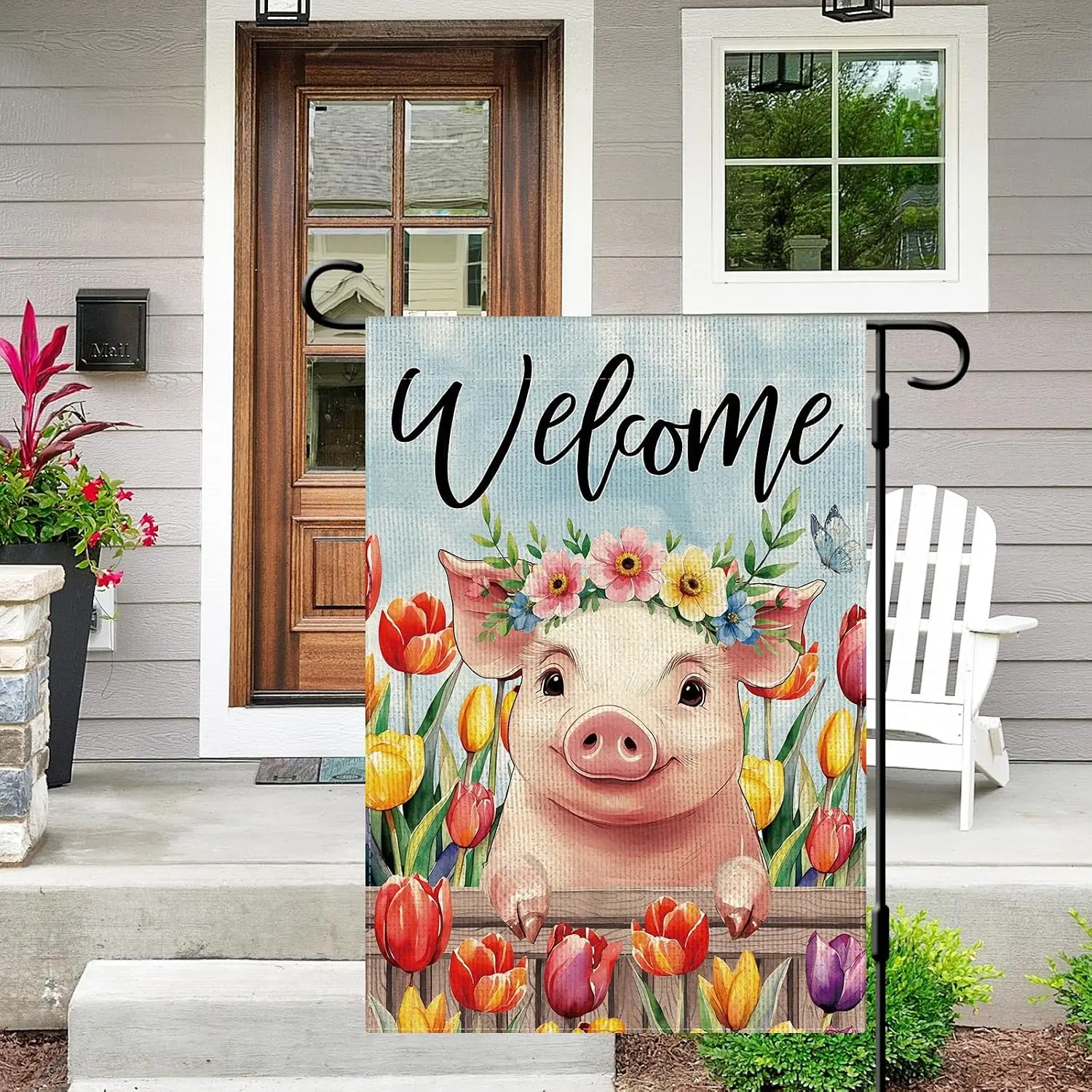 DLZDN Welcome Spring Pig Floral Garden Flag 12×18 Inch Double Side Vertical Burlap Farmhouse Yard Sign Seasonal Outdoor Deco PPZ