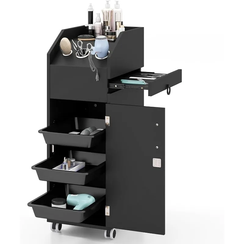 Salon Cart for Hair Stylist, Lockable Wood Salon Trolley Cart on Wheels, 3-Drawer Storage Cabinet, Side Tool Tray