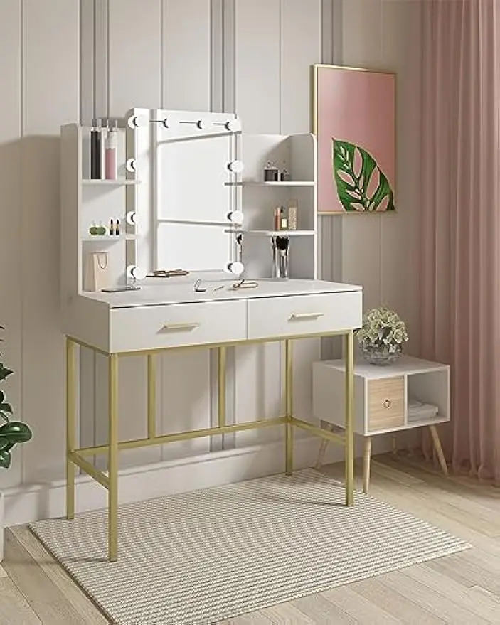 Tocador de Maquillaje con Espejo y 10 Bombillas LED, Mesa de Maquillaje moderna con 2 Cajones y 4 Estantes para Dormitorio