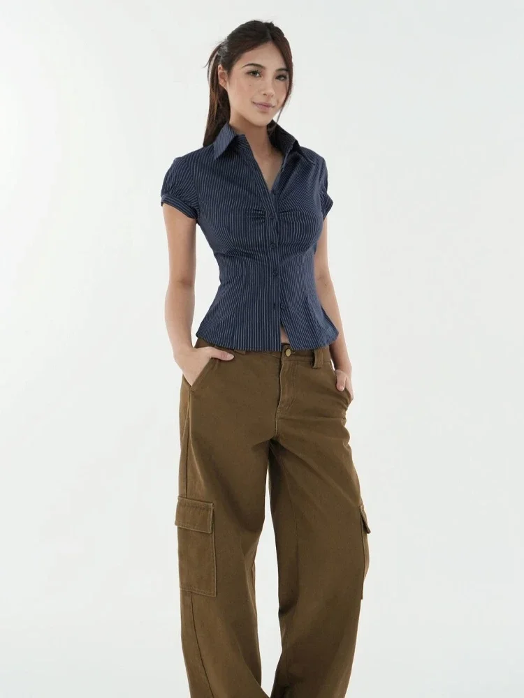 Vintage Damen-Bluse mit Karomuster, plissiert, 2023, Sommer, Y2k, ästhetisch, einreihig, figurbetont, T-Shirt, Harajuku, Grunge, Fee, abgeschnittene Blusas