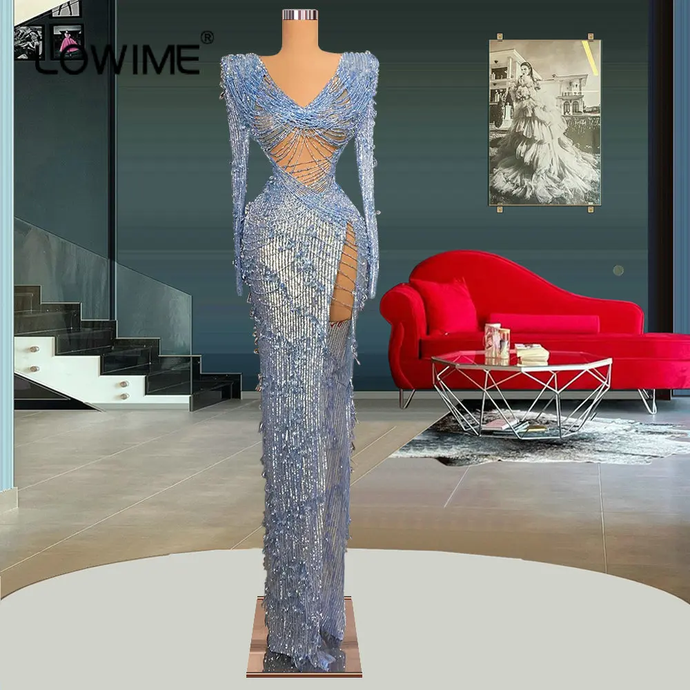 

Lavender Purple Sexy High Slit Long Sleeves Mermaid Evening Dresses for Women Party 2022 Sparkly Beading Tassel Prom Gowns