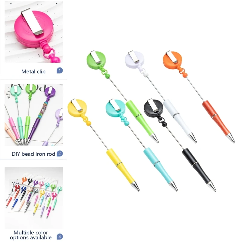 6 шт., шариковая ручка из бисера с выдвижным держателем для значка, ручка из бисера с катушкой для значка, зажим для ремня для