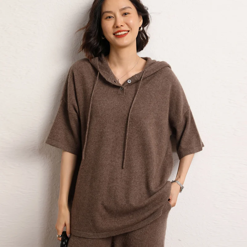 Women 100% Cashmere Sweater 2023 New Short Sleeve Knitted Pullover Hooded Pullover Shirt Girl Clothes Loose Large Size Top