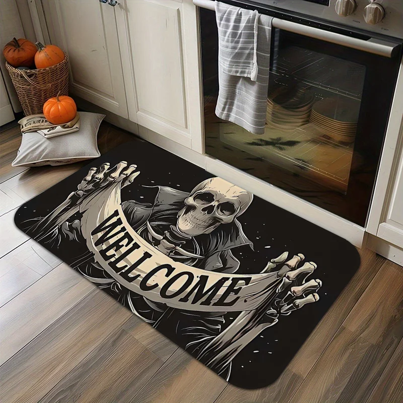 VIKAMA Halloween Skull Welcome Door Mat Non-Slip, Stain-Resistant Kitchen Rug, Indoor and Outdoor Entry Carpet Home Decor