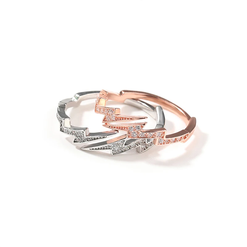 Hip Hop 5A+ CZ Stone Paved Bing Iced Out Lightning Rings for Men Women Unisex Rapper Jewelry Rose Gold Silver Color