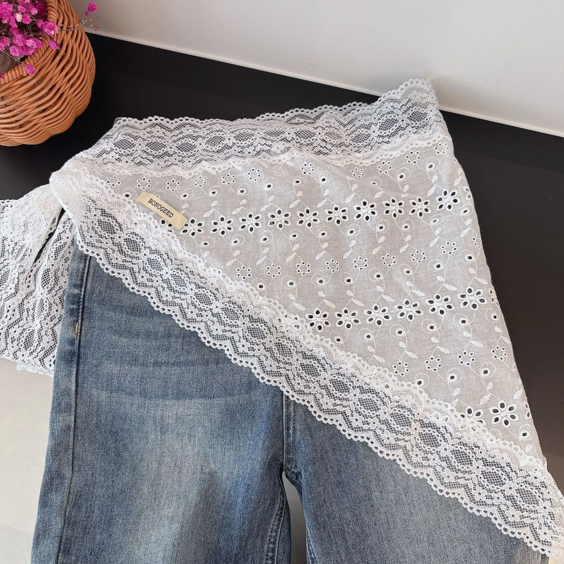 Mini-jupe triangle en dentelle pour femme, en coton élastique, avec lien à nouer à la taille, ajourée, style superposé, populaire au Japon et en Corée