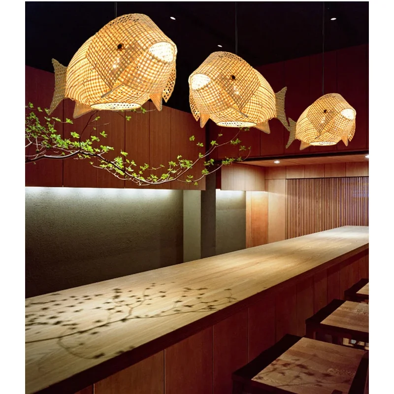 Carp Lantern New Chinese Restaurant Chandelier Coffee Shop  Creative Fish Japanese Sushi Southeast Asia Bamboo Pendant Light