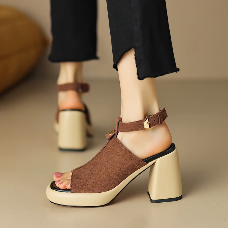 

2024 new summer women sandals natural leather shoes 22-24.5cm cow suede+sheepskin+pigskin ankle buckle high heel shoes women