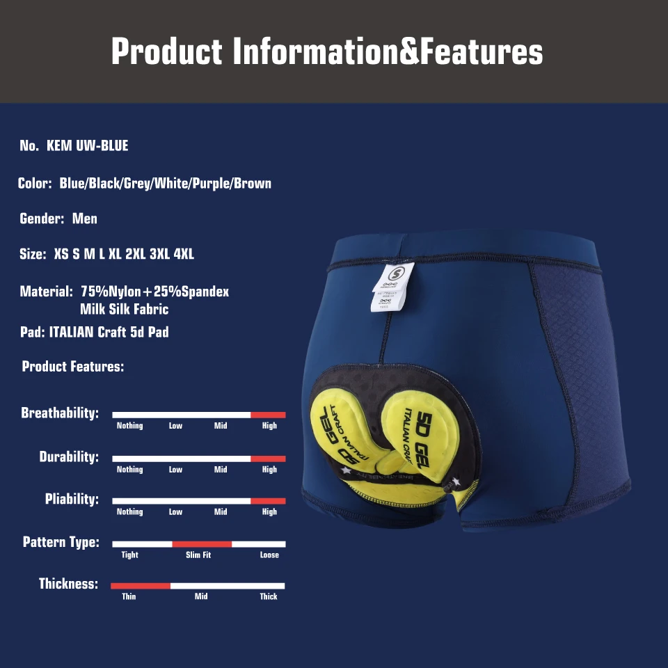 KEMALOCE Cycling Underwear Men 5D Gel Padded Shockproof Bike Shorts Blue&Grey&White&Purple Cycling Shots MTB Bicycle Underpant