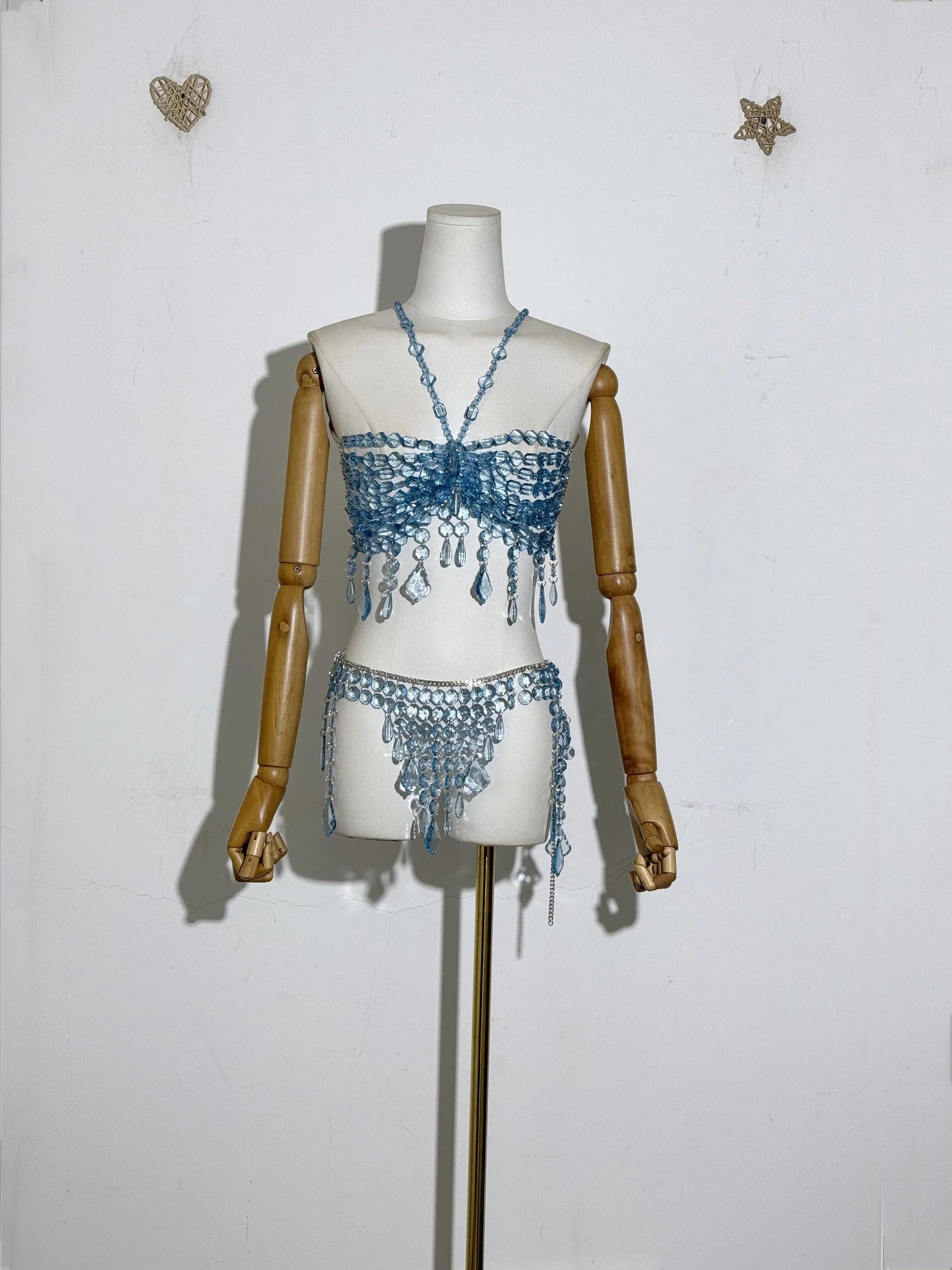 

New Vacation Hot Sexy&Club Crystal Bead Women Handmade Top Streetwear Bra Skirt Set Hollow Out Body Chain Waist Belt Beachwear